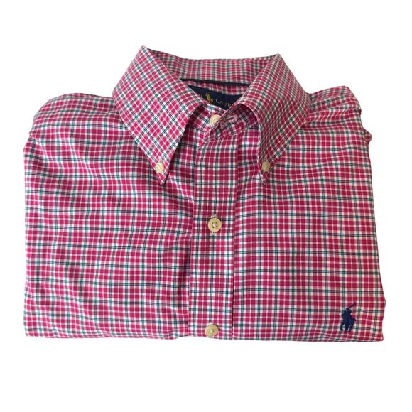 Ralph Lauren Button Down Dress Shirt Mens Medium Plaid Business Pink Preppy - Picture 1 of 11